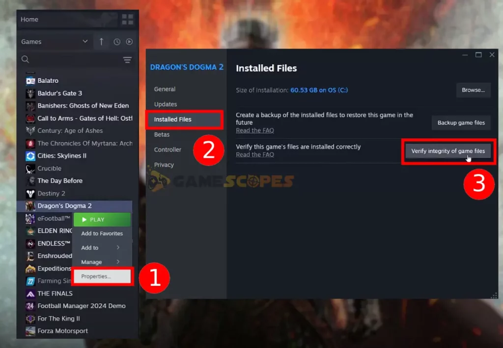 This image is showing how to verify file's integrity from the Steam launcher when Dragon's Dogma 2 Crashing.