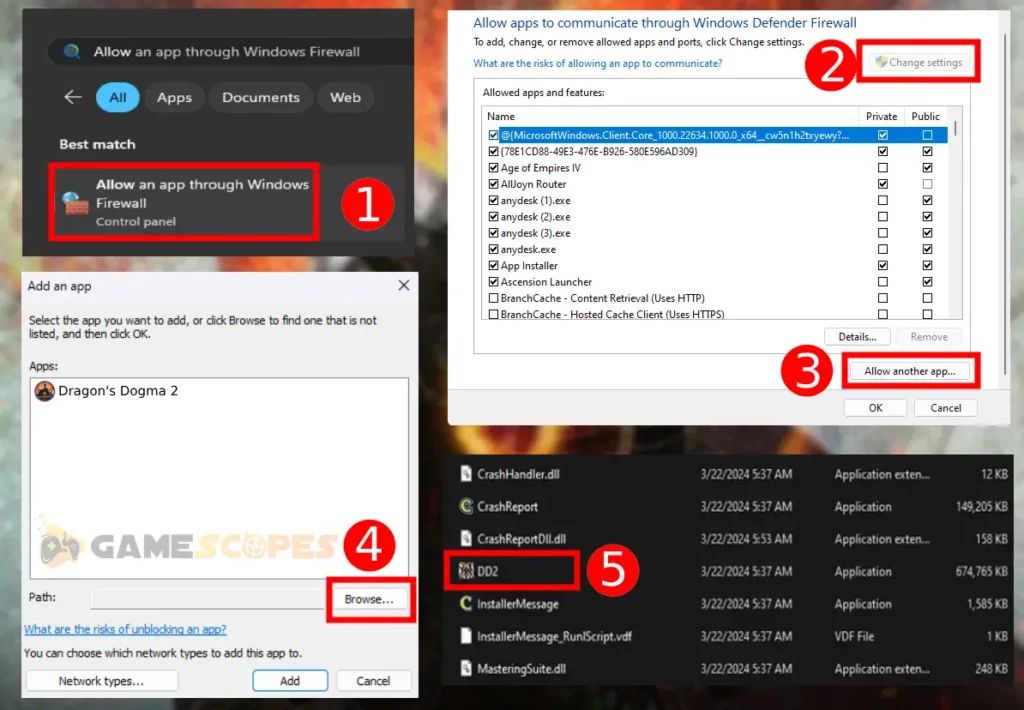 This image is showing how to add game's as an exception for Windows's Firewall when Dragon's Dogma 2 Crashing.