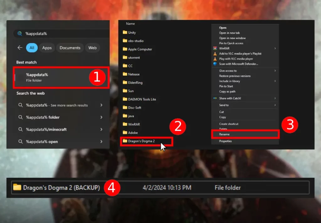 This image is showing how to backup the game's folder, when Dragon's Dogma 2 Crashing.
