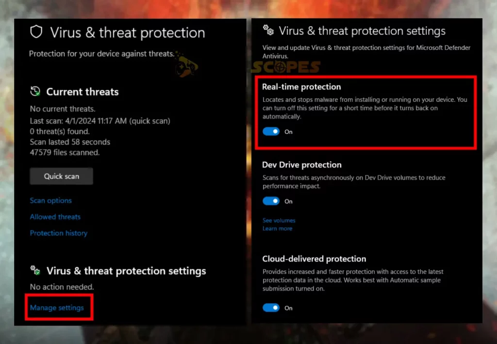 This image is showing how to temporarily turn off the Windows real-time protection.