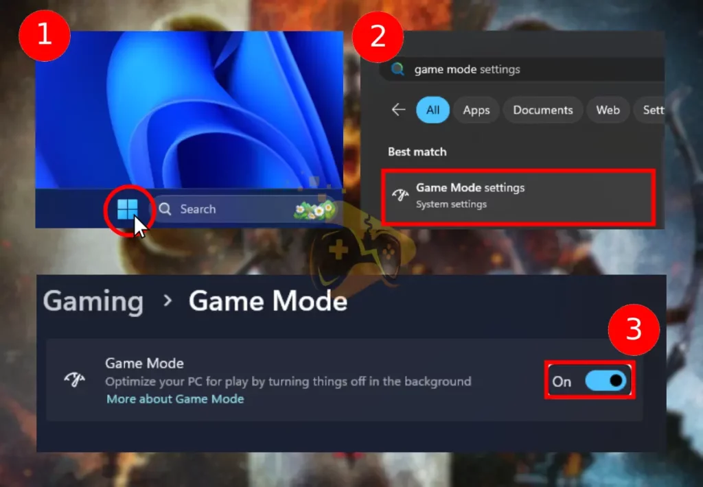 The image shows how to enable the Windows gaming mode, which will boost your Dragon's Dogma 2 low FPS.
