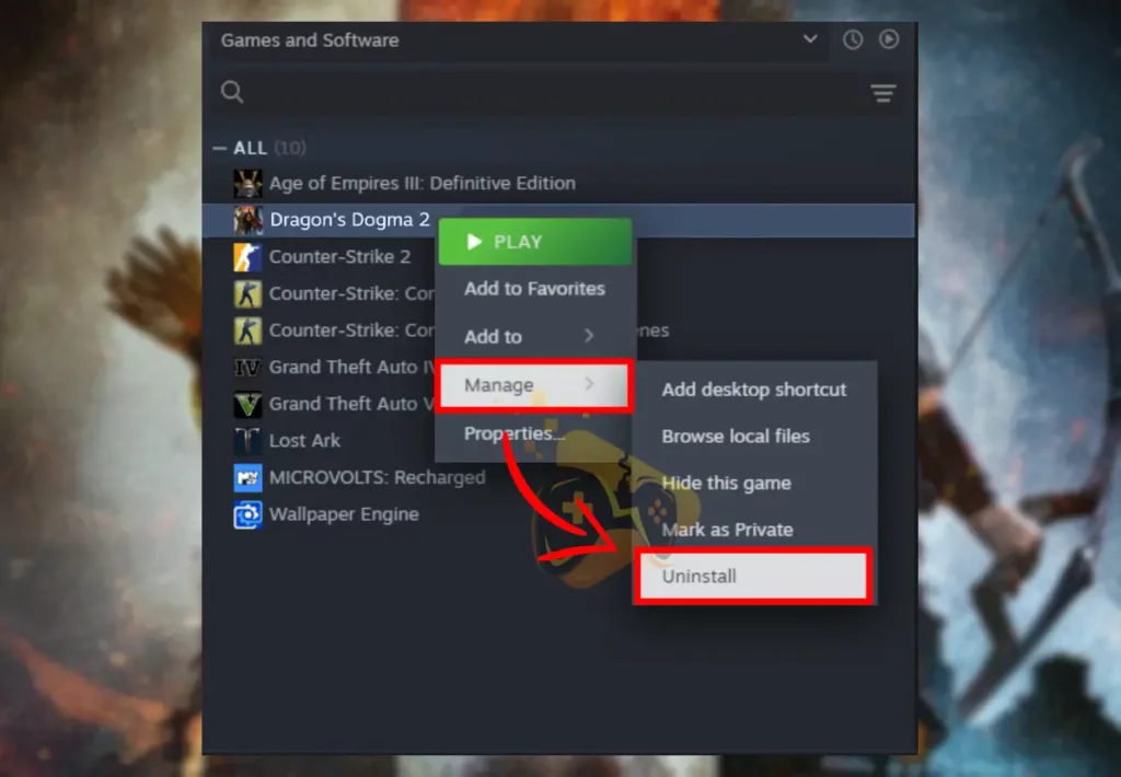 The image is showing how to uninstall Dragon's Dogma 2 from the Steam launcher.