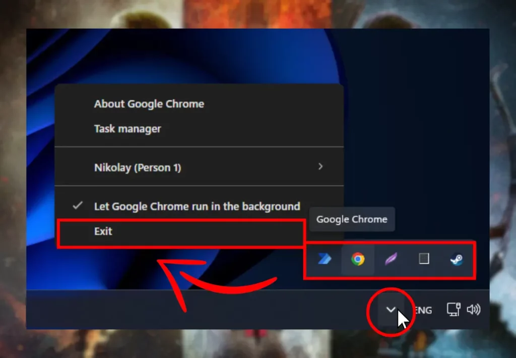 The image shows how to close opened apps through the Window's Taskbar tray.