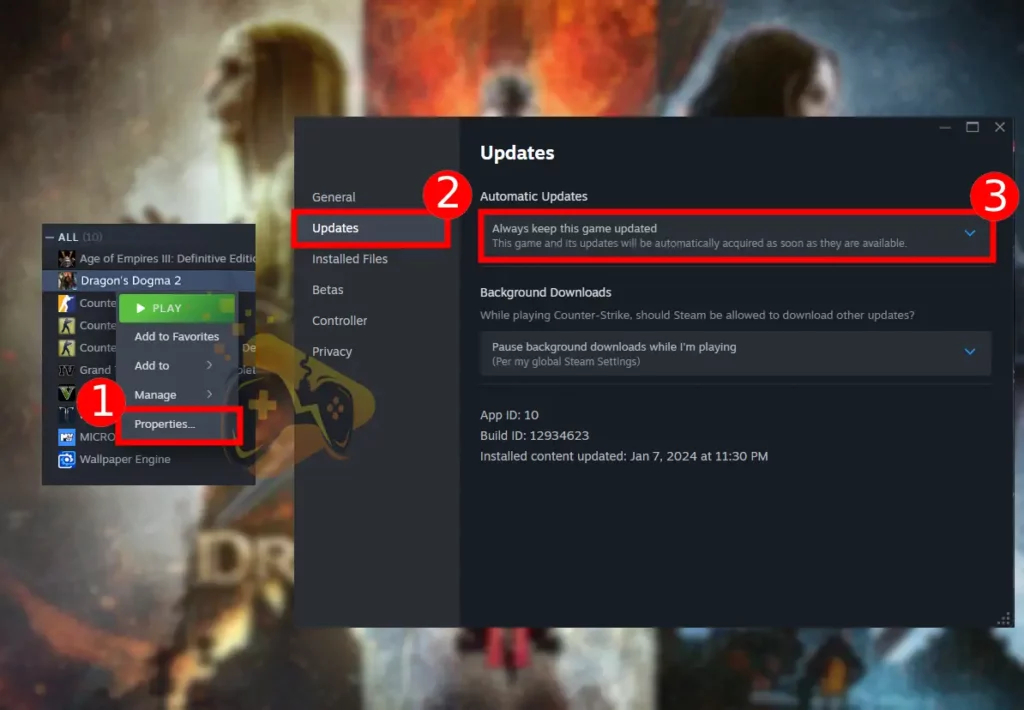 The image shows how to update Dragon's Dogma 2 on Steam.