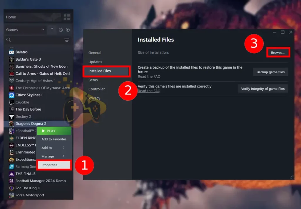 The image is showing how to access Dragon's Dogma 2 installation directory.