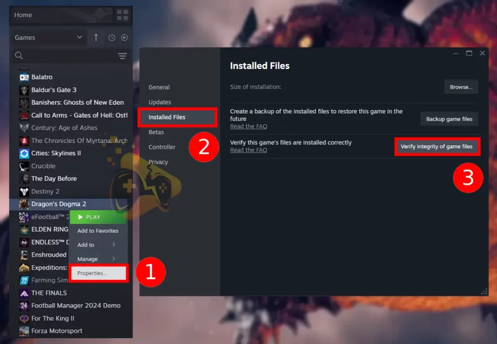 The image is showing how to verify Dragon's Dogma 2 file's integrity from the Steam launcher.