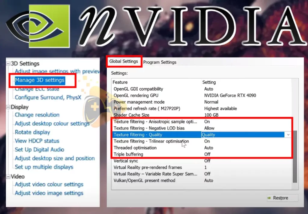 The image is showing which Nvidia driver settings to tweak when Dragon’s Dogma 2 terrain not loading.