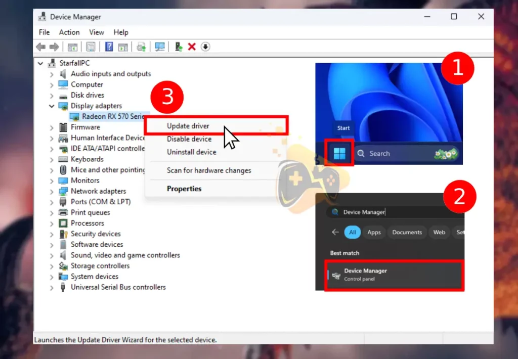 The image is showing how to update your display driver on Windows.