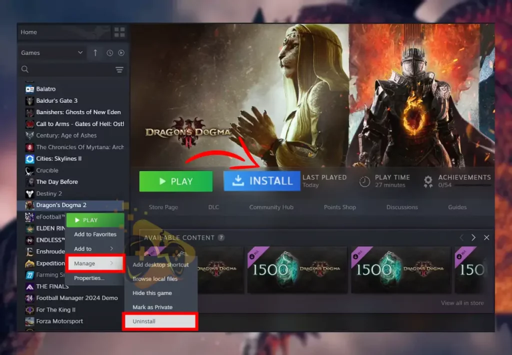 The image is showing how to reinstall the game from the Steam launcher when Dragon’s Dogma 2 terrain not loading.
