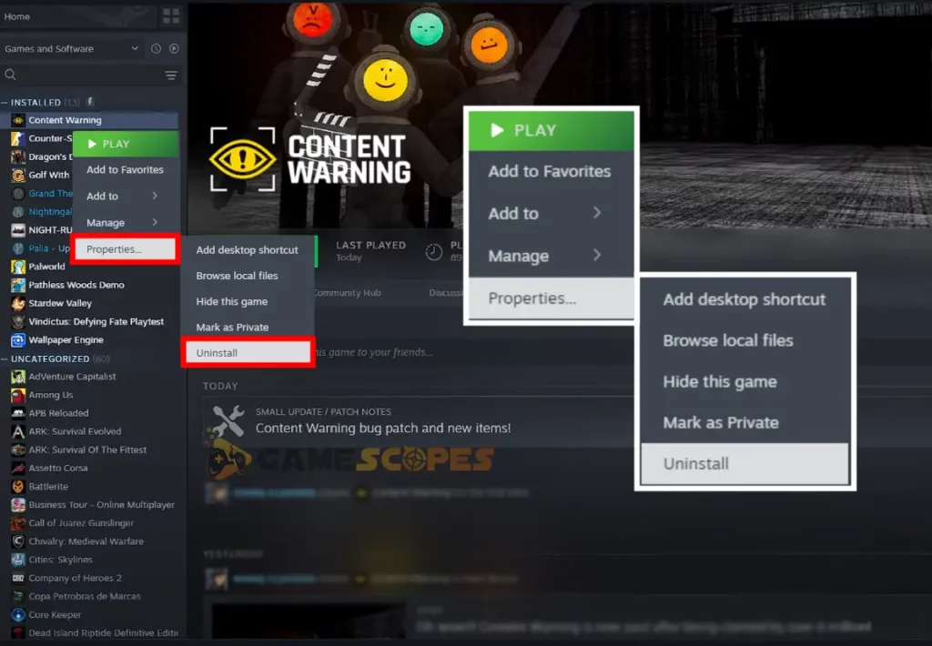 The image shows how to reinstall the game from Steam and fix the Content Warning low FPS issue.