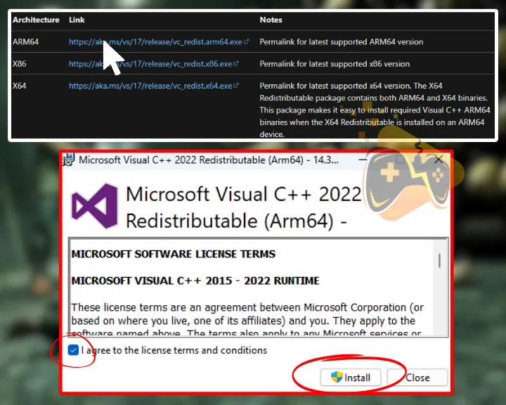 The image is showing how to update Windows's Visual C++ libraries.