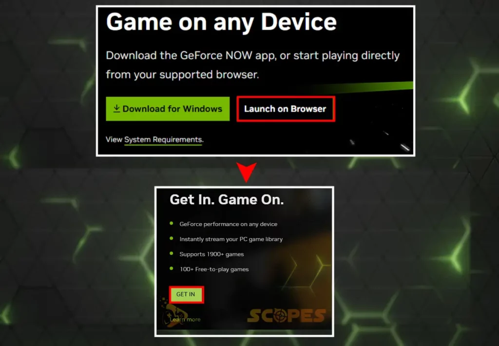The image is showing how to play games on NVidia GeForce NOW through browser.