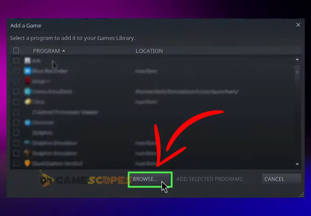 The image is showing how to browse your Steam Deck files to discover the (.exe) file you need.
