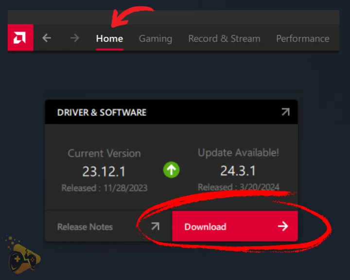 The image is showing how to update ASUS ROG Ally graphic drivers, by checking for new versions in the AMD Adrenalin Software.