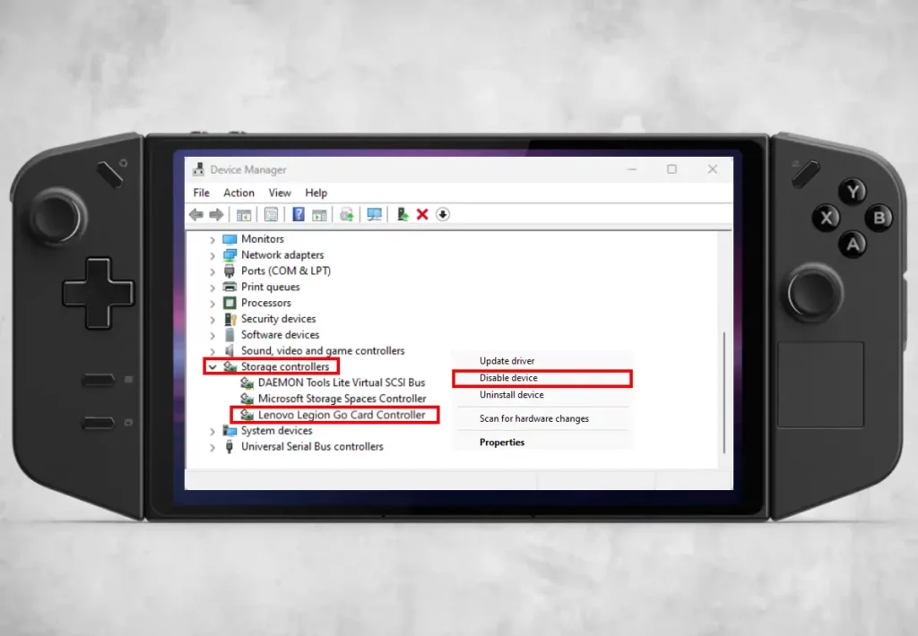 The image is showing how to re-enable the SD Reader from the Device Manager, when Lenovo Legion Go not reading SD card.