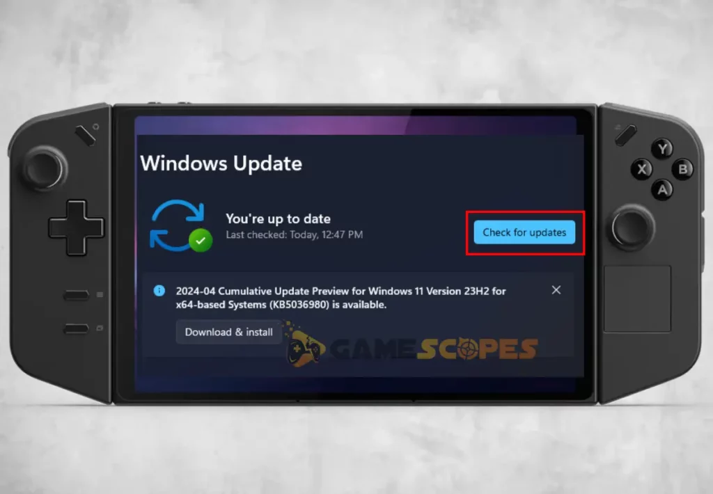 The image is showing how to update the Windows system on Lenovo Legion Go.