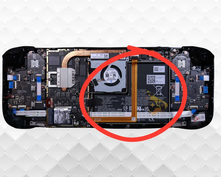 The image is showing how to replace the console's battery when the Steam Deck not turning on after update.