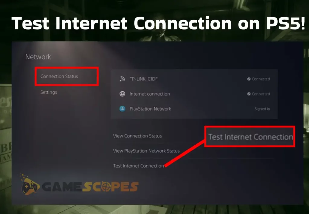 The image is showing how to test internet connection on PlayStation 5.