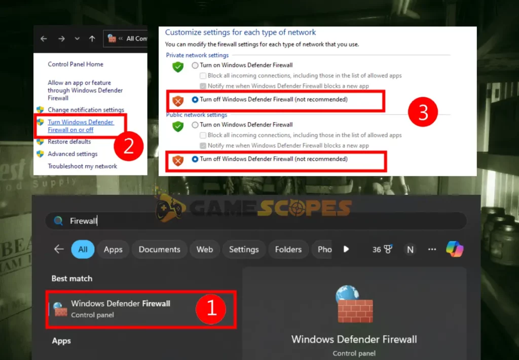 This screenshot is showing how to temporarily disable your Windows Firewall when The Outlast Trials Co-Op not working.