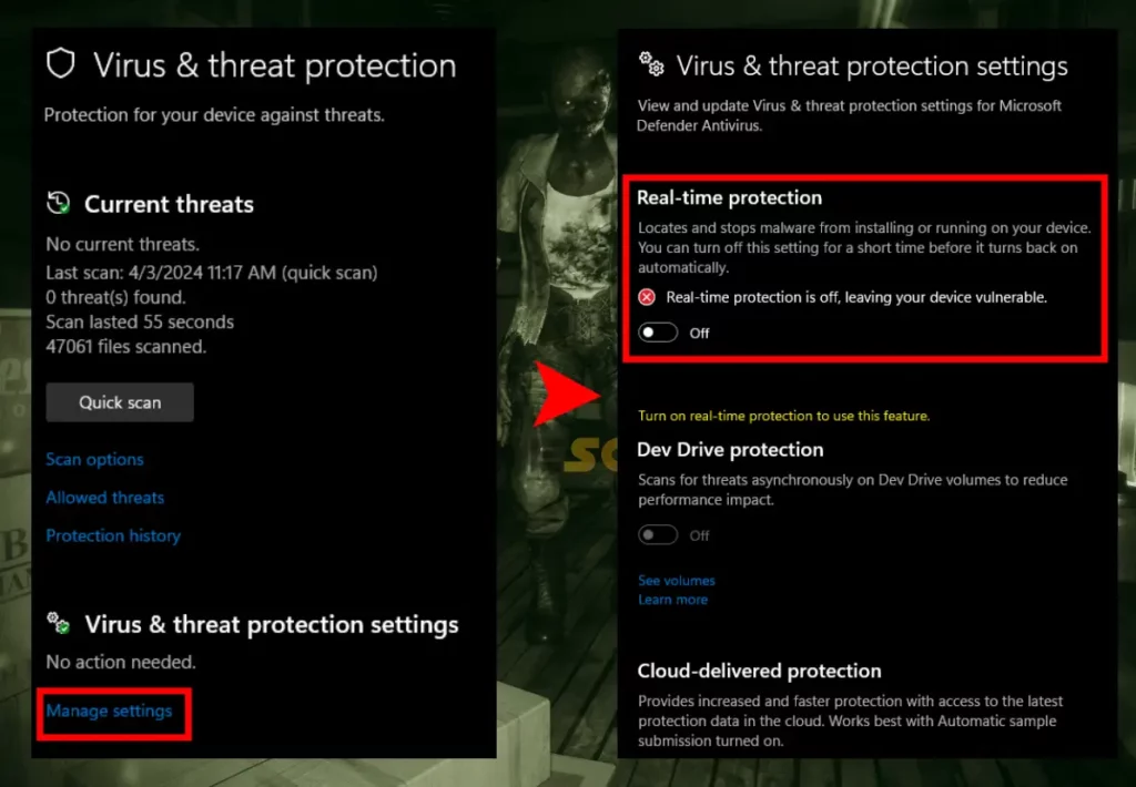 This image is showing how to temporarily disable the Windows "real-time protection" when The Outlast Trials Co-Op not working.