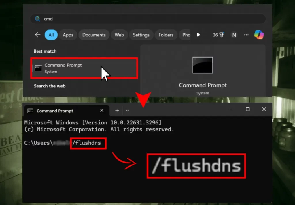 This screenshot shows how to flush your DNS through the Windows's Command Prompt (CMD).
