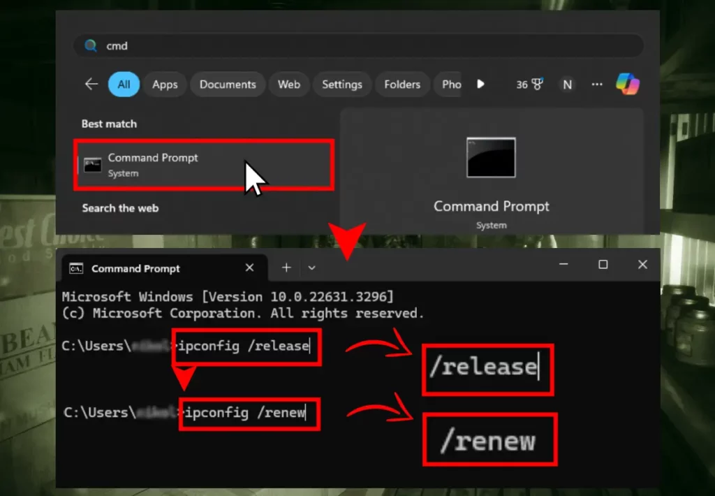 The image is showing how to refresh your IP Adress through the Windows's Command Prompt (CMD).