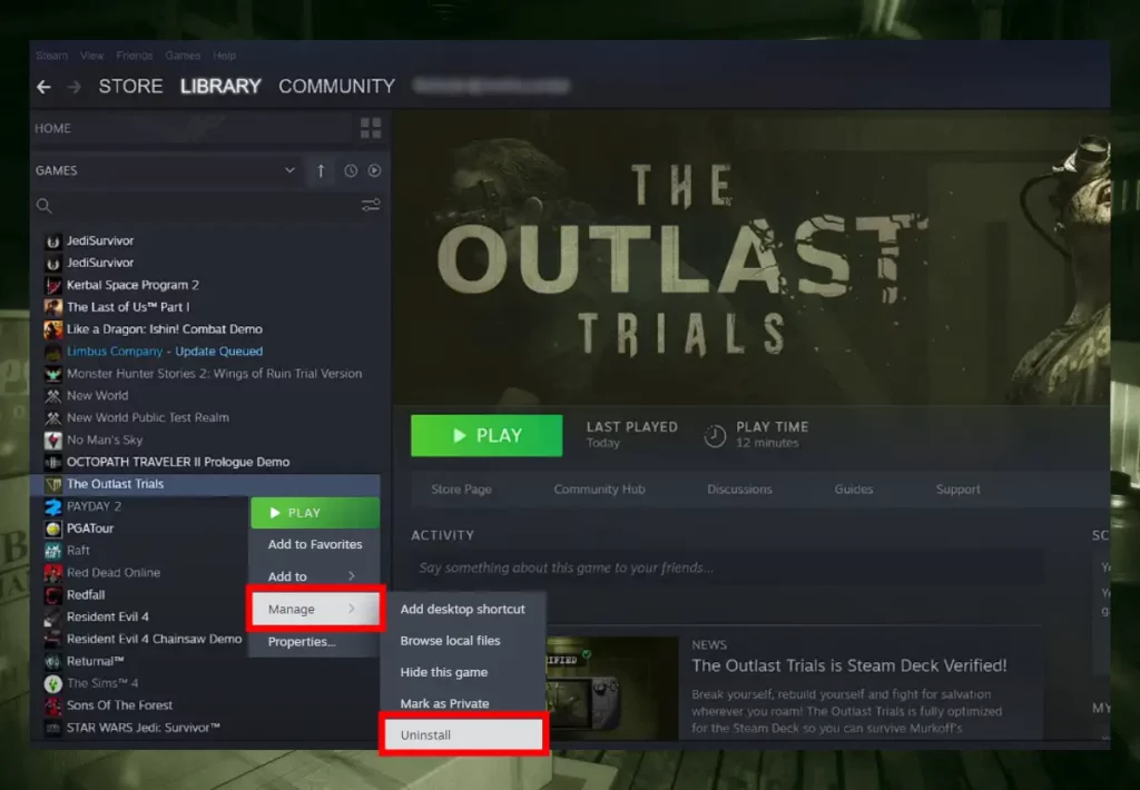 The image is showing how to uninstall a game through Steam when The Outlast Trials Co-Op not working.