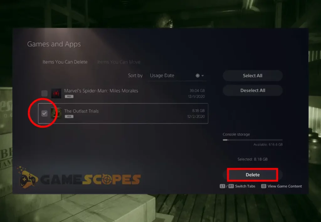 The image is showing how to uninstall the game on PS5 when The Outlast Trials Co-Op not working.