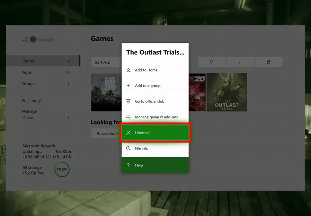 The image is showing how to uninstall the game on Xbox when The Outlast Trials Co-Op not working.