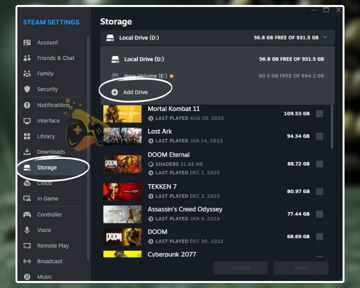 The image is showing how to create a new Steam library.