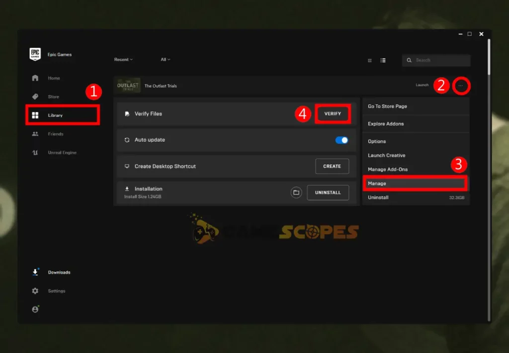 The image is showing how to verify game files on Epic Games, when The Outlast Trials stuck on startup.
