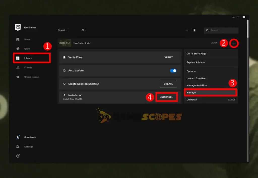 The image is showing how to uninstall The Outlast Trials on Epic Games.