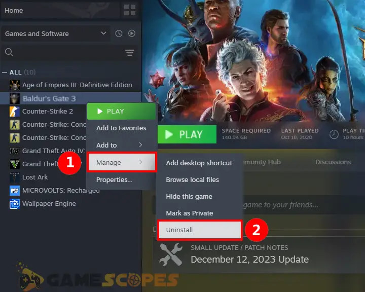The image is showing how to reinstall Baldur's Gate 3 from the Steam launcher.