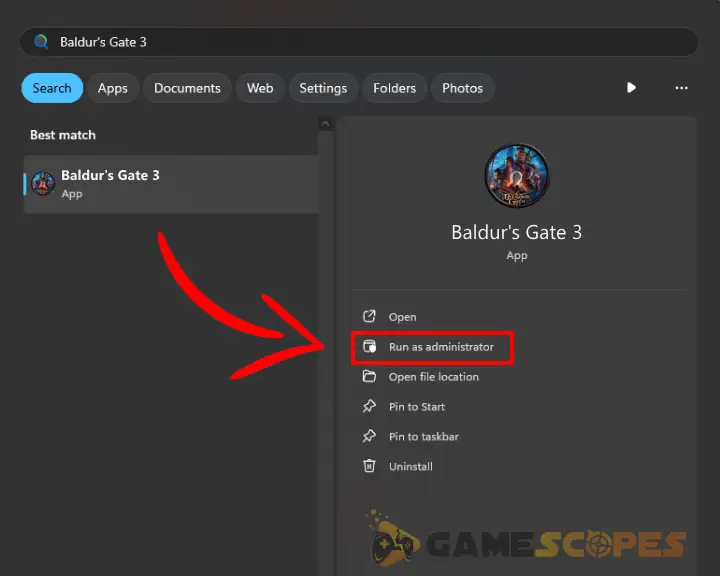 The image is showing how to run Baldur's Gate 3 as an administrator.