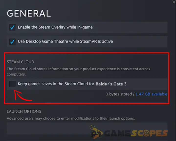The image is showing how to disable the Cloud Save feature on Steam when Baldur’s Gate 3 failed to save game error code 516.