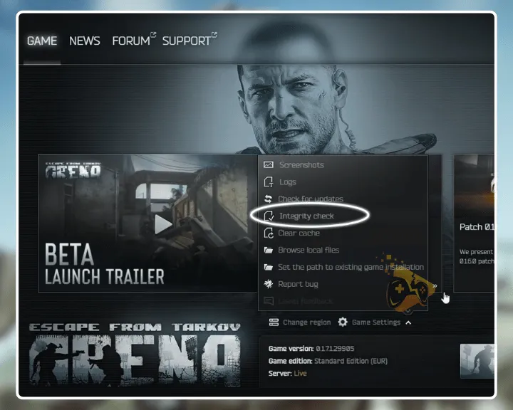 The image is showing how to verify Tarkov's file's integrity from the BattleState Games launcher.