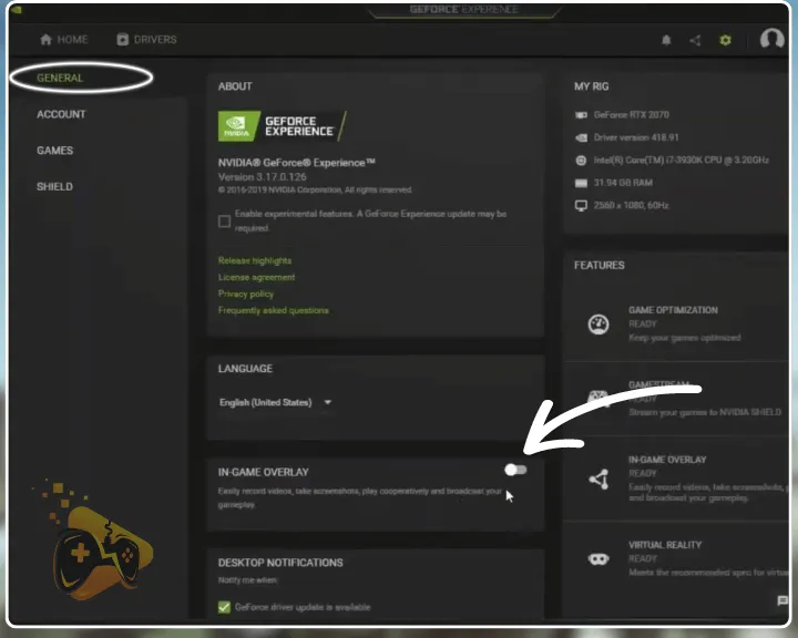 The image is showing how to turn off the Nvidia GPU overlay.