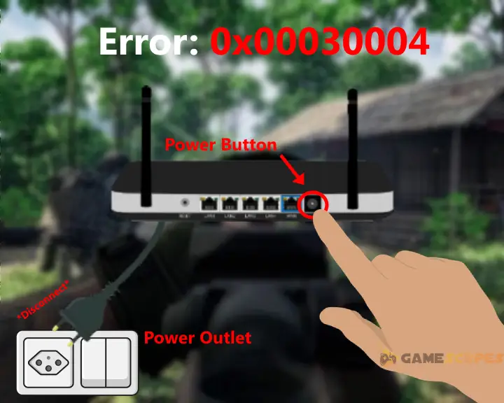 The image shows you how to fix Gray Zone Warfare 0x00030004 error by rebooting and power cycling your router.