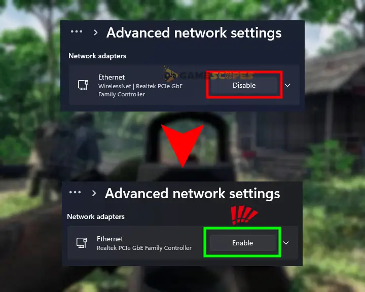The image shows you how to re-enable your network adater on Windows 10/11.