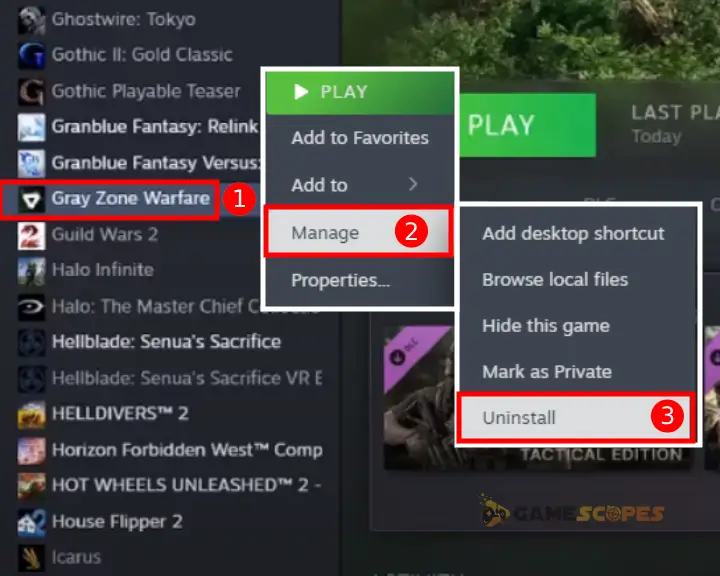 The image shows how to uninstall and reinstall Gray Zone Warfare from Steam.