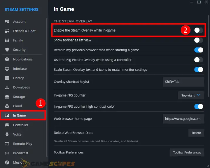 The image shows how to disable the Steam overlay when Gray Zone Warfare crashing on PC.