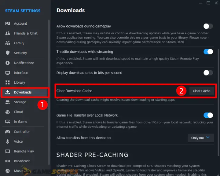 The image shows how to clear the Steam launcher's cache data.