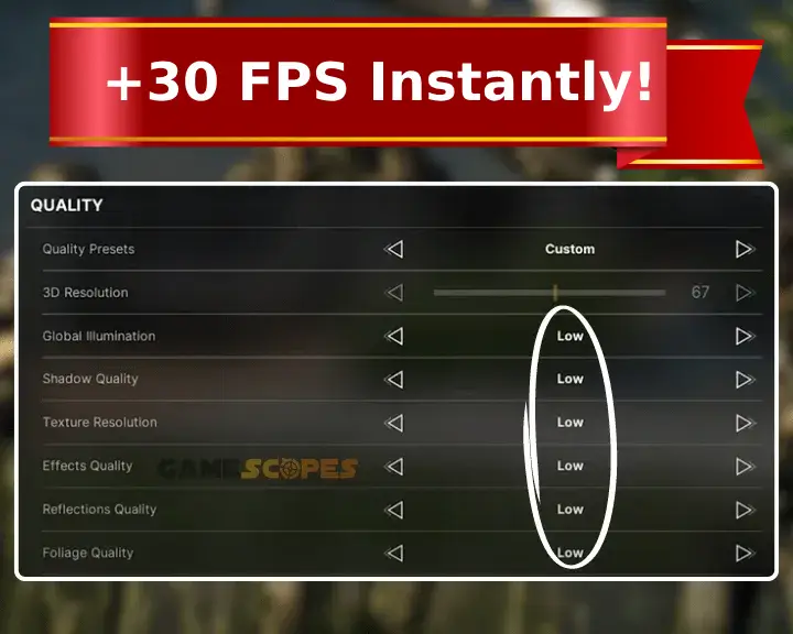The image is showing an optimal configuration of the GZW graphics settings for best FPS.