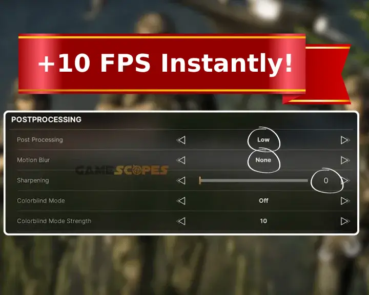 The image is showing how to adjust the GZW postprocessing options for better FPS.