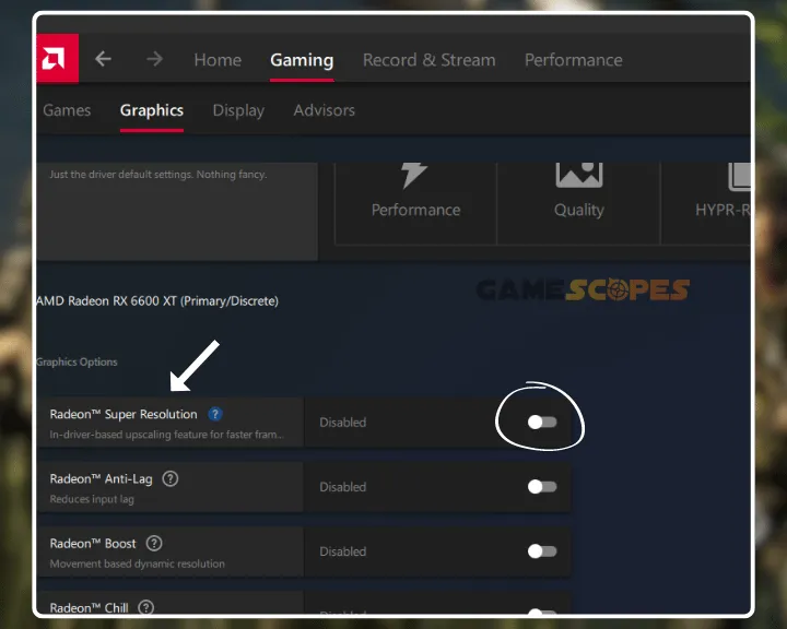 The image is showing how to enable the upscaling options from the AMD driver settings.