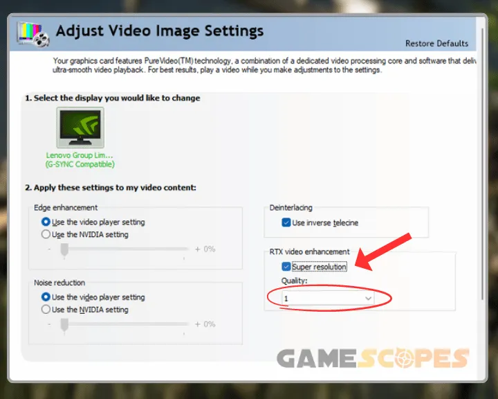 The image is showing how to enable upscaling options from the NVidia driver settings.