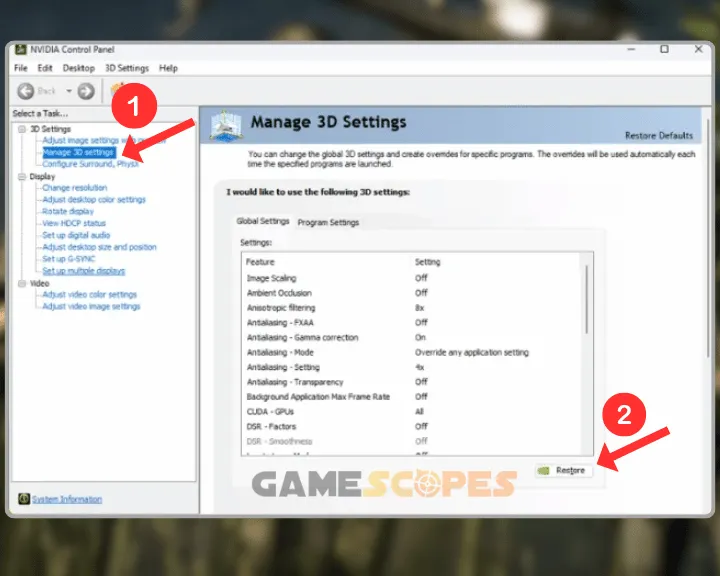 The image is showing how to reset NVidia GPU driver settings.