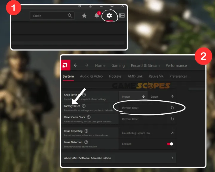 The image is showing how to reset AMD GPU driver settings.