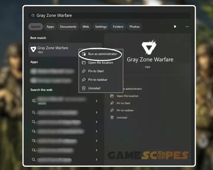 When Gray Zone Warfare not launching on PC, the first thing is to run the game as administrator, as shown on this image.