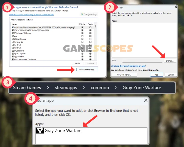 The image shows how to allow games through Windows Firewall when Gray Zone Warfare not launching on PC.